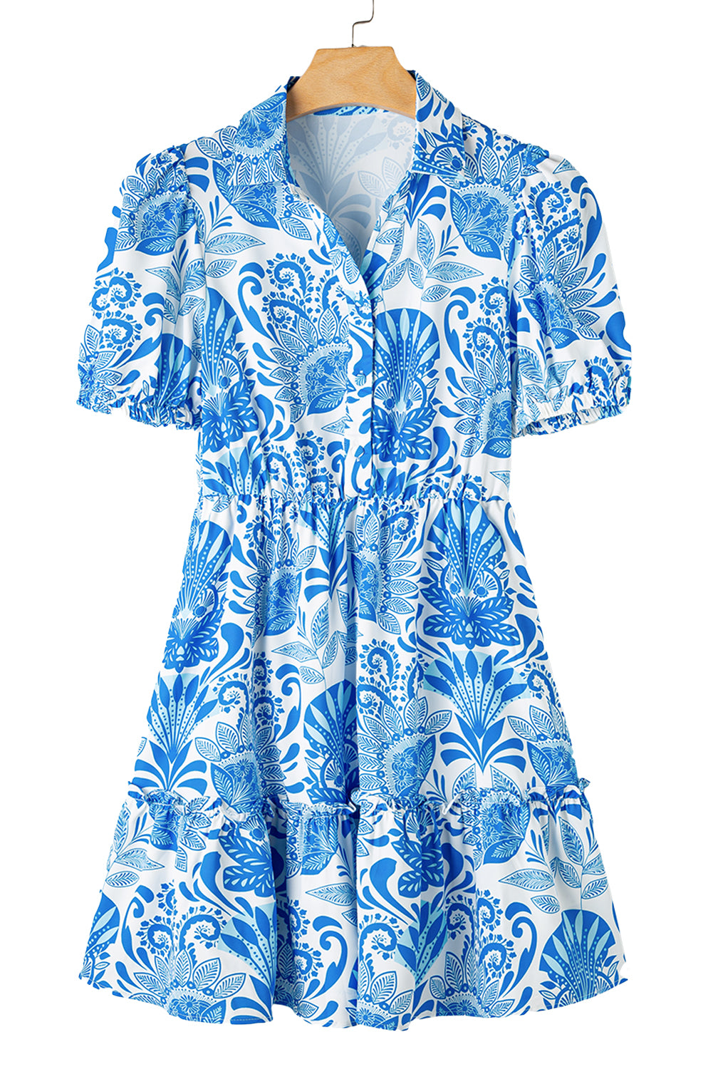 Sky Blue Retro Floral Print Drawstring Waist Ruffled Mini Dress Floral Dresses JT's Designer Fashion
