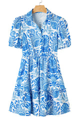 Sky Blue Retro Floral Print Drawstring Waist Ruffled Mini Dress Floral Dresses JT's Designer Fashion