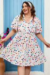 White Polka Dot Print Bubble Sleeve Button Up Plus Size Shirt Dress Plus Size Mini Dresses JT's Designer Fashion