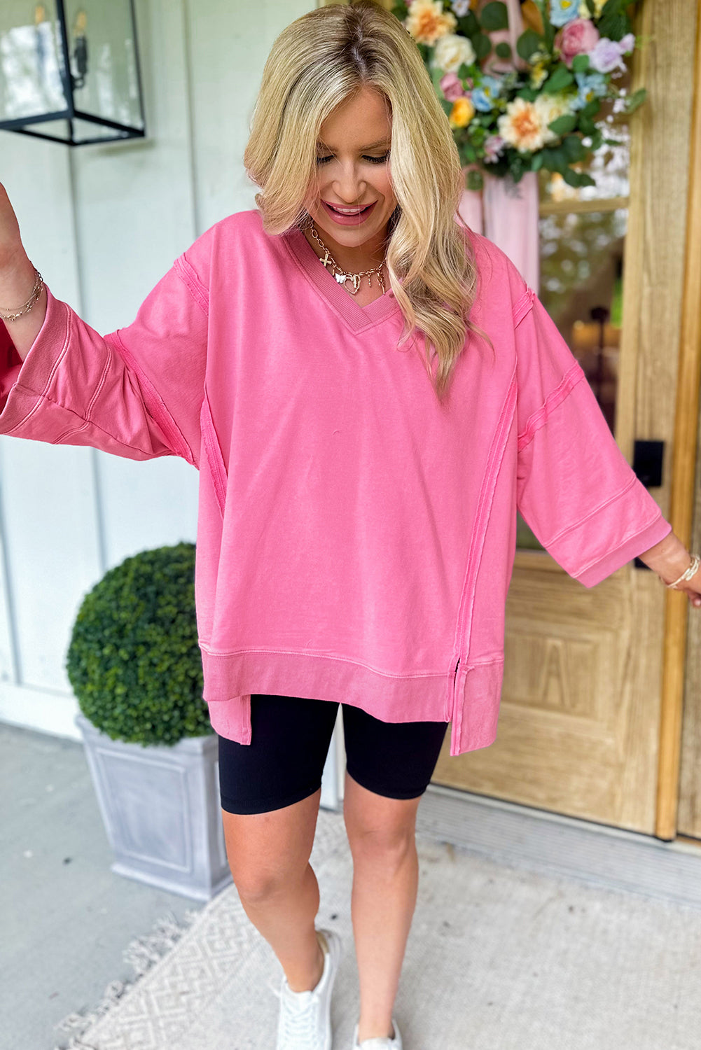 Bonbon Bracelet Sleeve Mineral Washed V Neck T Shirt Long Sleeve Tops JT's Designer Fashion