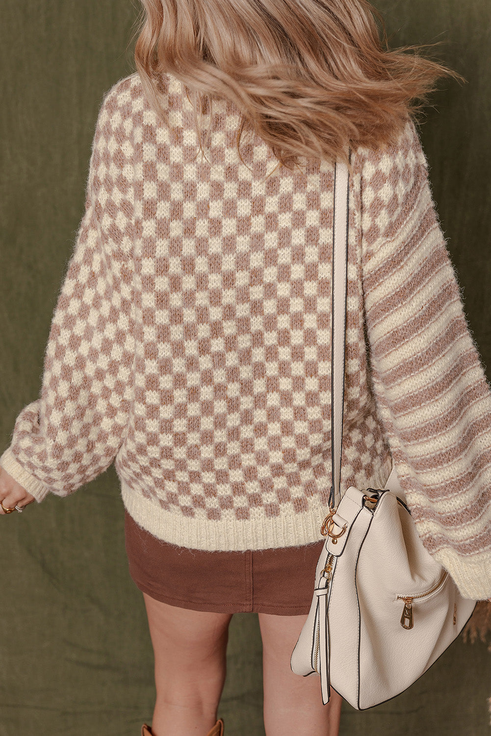 Khaki Stripe Checkerboard Drop Shoulder Balloon Sleeve Sweater Sweaters JT's Designer Fashion