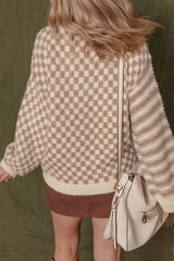 Khaki Stripe Checkerboard Drop Shoulder Balloon Sleeve Sweater Sweaters JT's Designer Fashion