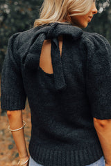 Black Knotted Keyhole Nape Short Sleeve Knit Sweater Top Sweaters & Cardigans JT's Designer Fashion