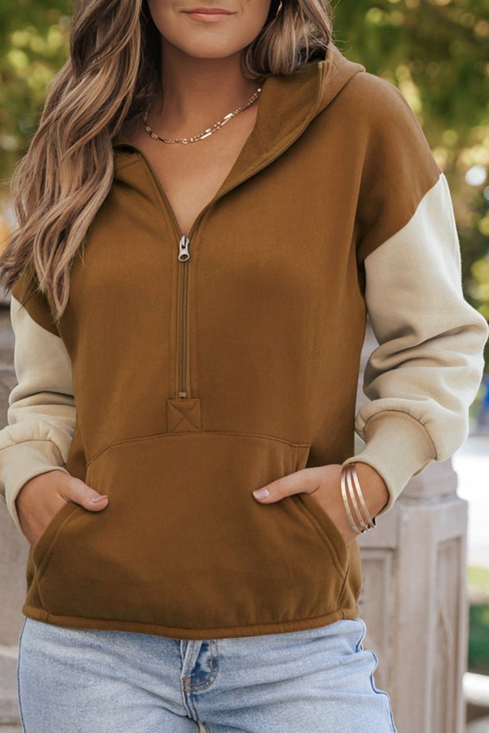 Chestnut Color Block Half Zip Kangaroo Pocketed Hoodie Sweatshirts & Hoodies JT's Designer Fashion