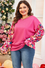 Bright Pink Floral Patchwork Flounce Sleeve Rib Knit Plus Top Plus Size Long Sleeve Tops JT's Designer Fashion
