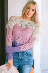 Pink Color Block Hollow Knitted Loose Sweater Sweaters JT's Designer Fashion