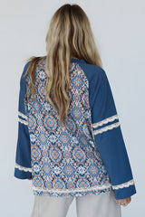 Blue Geometric Printed Lace Patchwork Ric Rac Raglan Long Sleeve Top Long Sleeve Tops JT's Designer Fashion