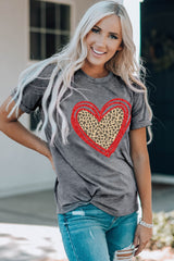 Gray Sequin Leopard Heart Graphic T-shirt Graphic Tees JT's Designer Fashion