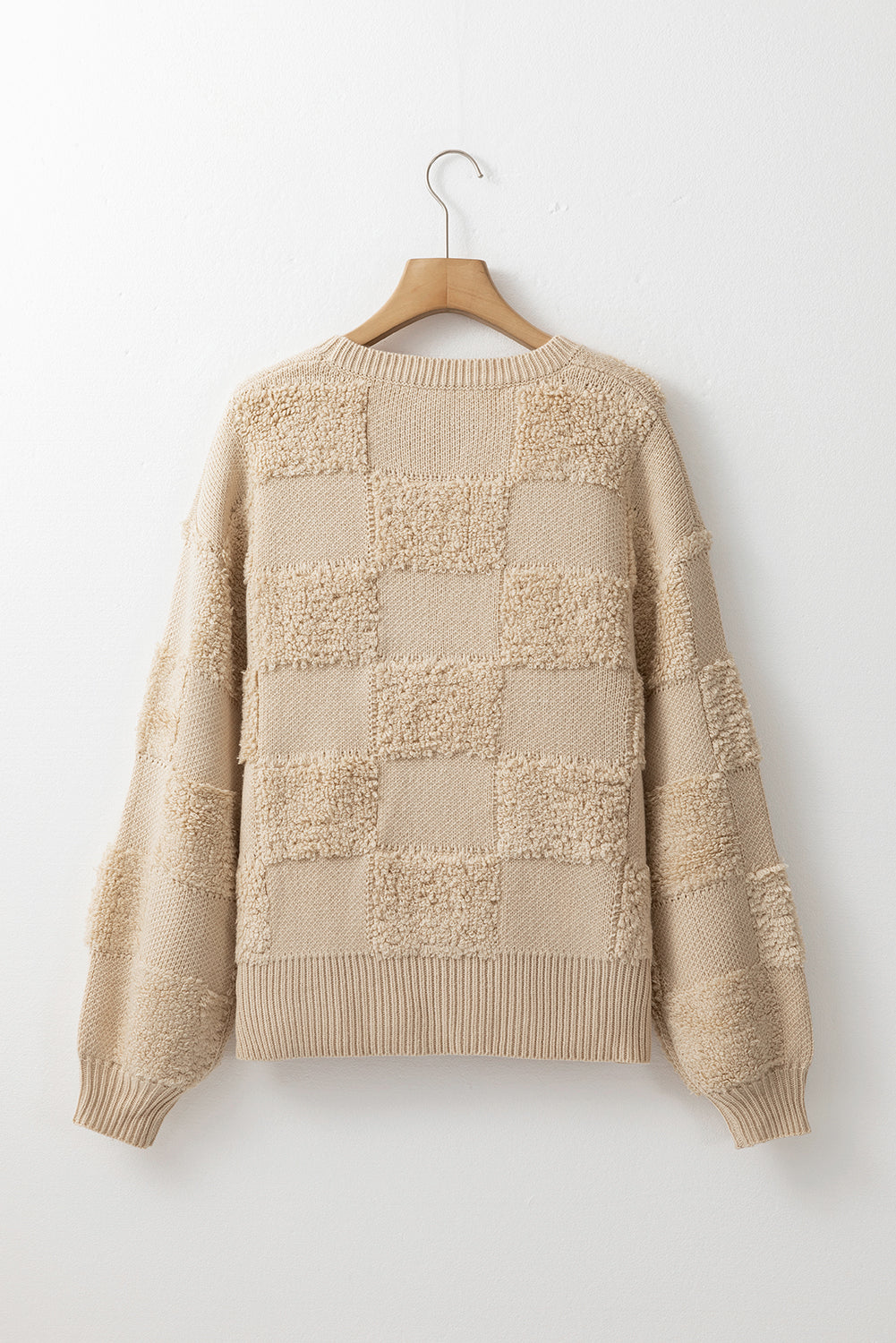 Parchment Checkered Sherpa Crew Neck Loose Sweater Sweaters JT's Designer Fashion