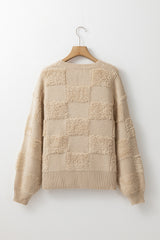 Parchment Checkered Sherpa Crew Neck Loose Sweater Sweaters JT's Designer Fashion