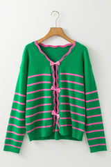 Green Stripe Ribbon Cute Bow Detail Sweater Knit Cardigan Cardigans JT's Designer Fashion
