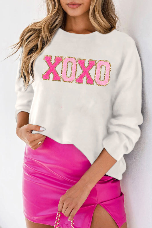 White XOXO Glitter Print Round Neck Casual Sweater White 100%Polyester Sweaters JT's Designer Fashion