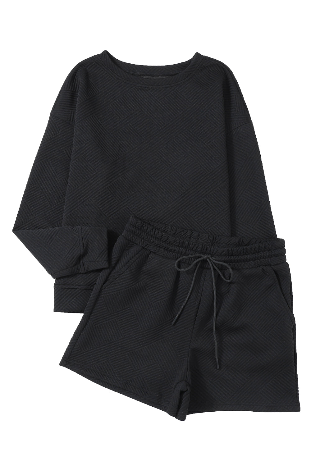 Black Textured Long Sleeve Top and Drawstring Shorts Set Short Sets JT's Designer Fashion