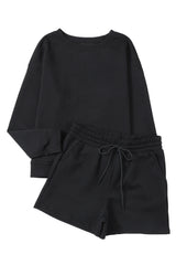 Black Textured Long Sleeve Top and Drawstring Shorts Set Short Sets JT's Designer Fashion