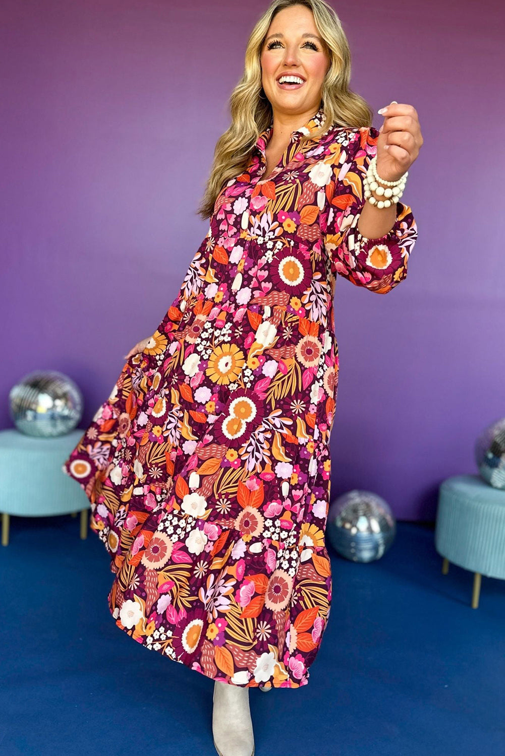 Purple Collared Tiered Flowy Long Dress Maxi Dresses JT's Designer Fashion
