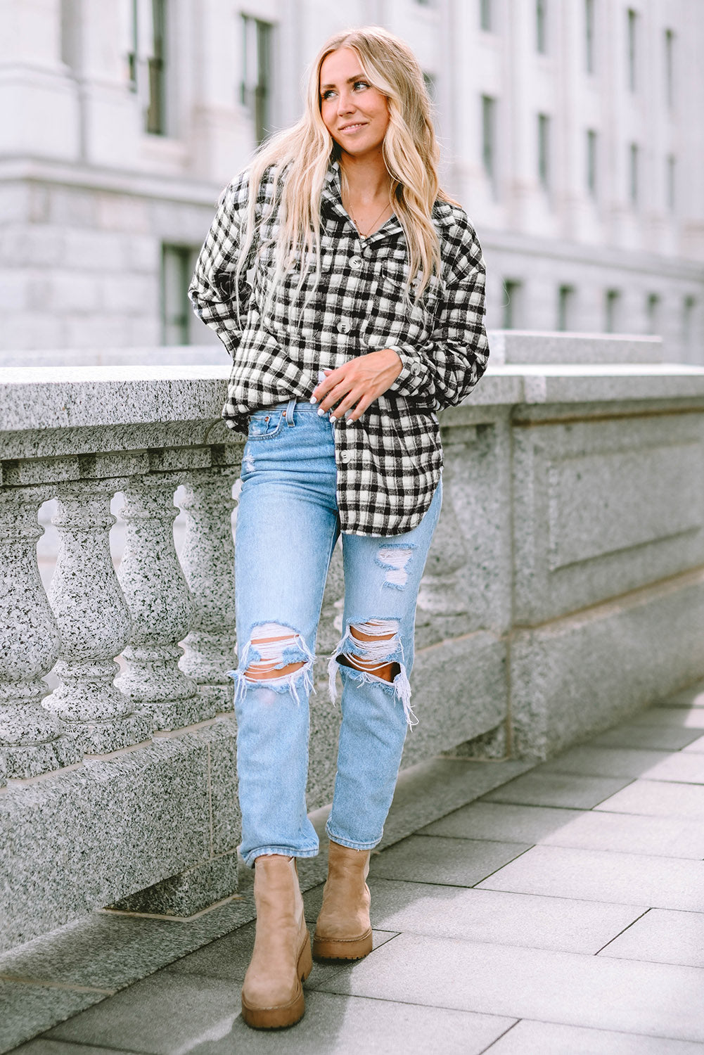 Black Plaid Print Chest Pockets Buttoned Tunic Shacket Plaid Shackets JT's Designer Fashion