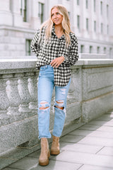 Black Plaid Print Chest Pockets Buttoned Tunic Shacket Plaid Shackets JT's Designer Fashion
