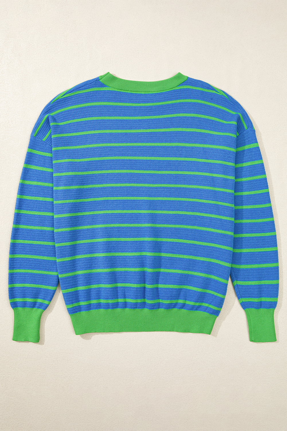Sky Blue Stripe Trimmed Round Neck Drop Shoulder Loose Sweater Sweaters JT's Designer Fashion