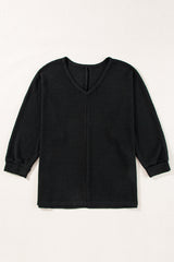 Black Waffle Knit Side Slits Loose Fit V Neck Top Long Sleeve Tops JT's Designer Fashion