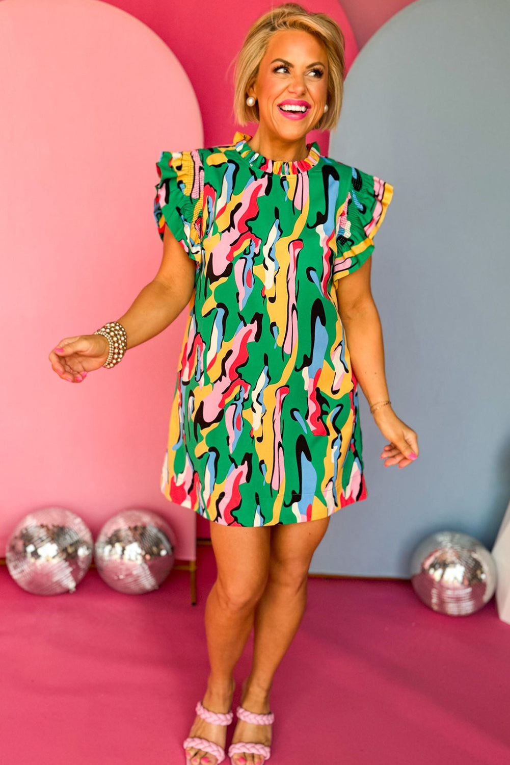 Green Abstract Print Frilled Neck Ruffled Sleeve Mini Dress Dresses JT's Designer Fashion