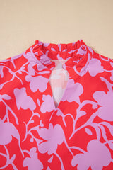 Red Floral Three Quarter Sleeves Ruffle Hem Mini Dress Mini Dresses JT's Designer Fashion