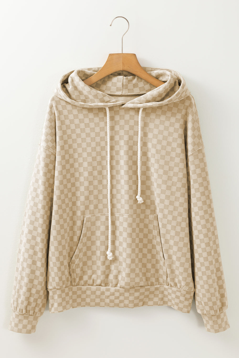 Khaki Checkered Print Kangaroo Pocket Drawstring Hoodie Sweatshirts & Hoodies JT's Designer Fashion