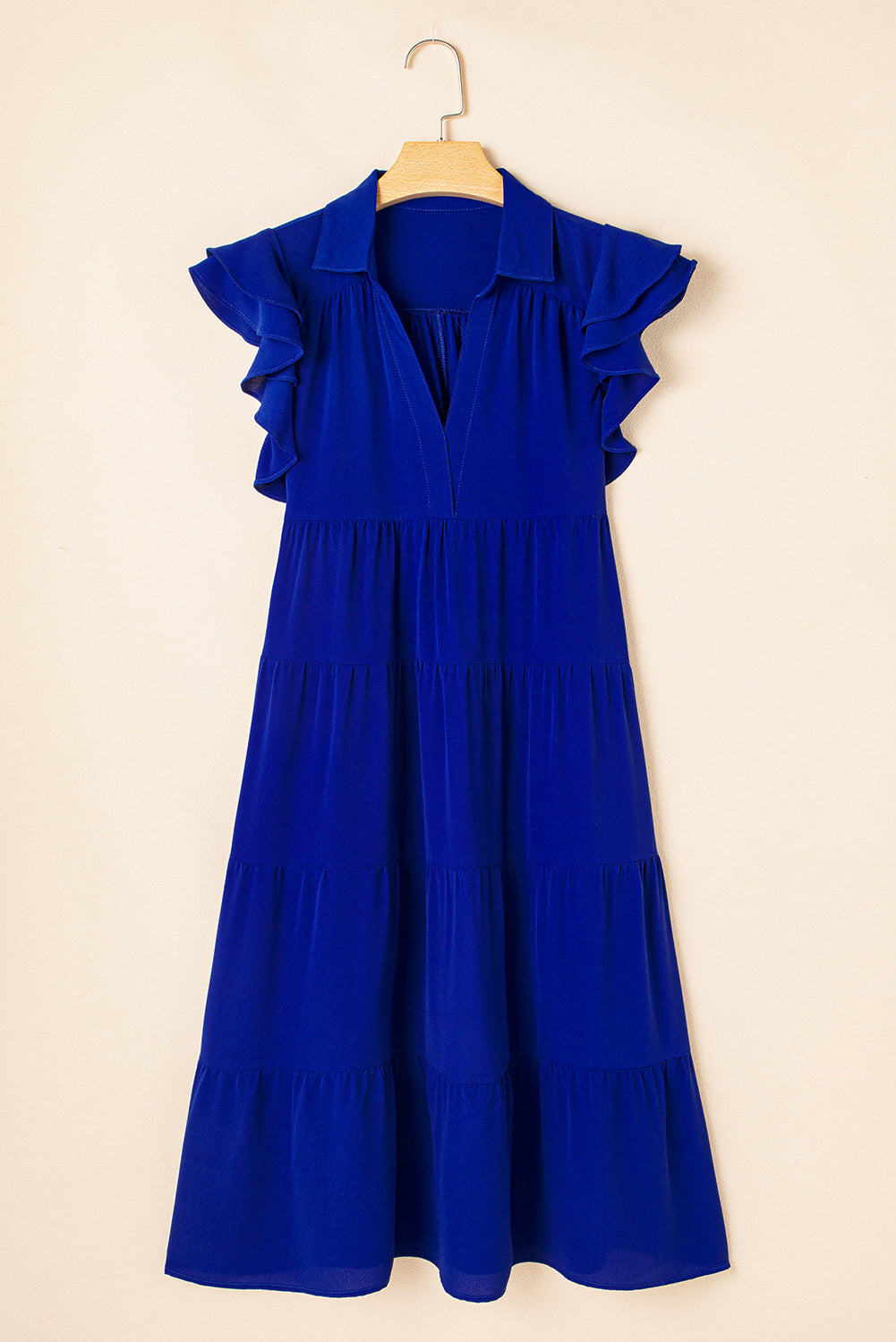 Bluing Ruffled Short Sleeve Collared V Neck Tiered Midi Dress Midi Dresses JT's Designer Fashion