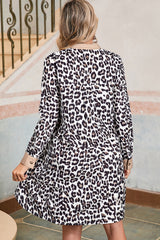 Multicolour Button Striped Collar Leopard Print Long Sleeve Flared Dress Mini Dresses JT's Designer Fashion
