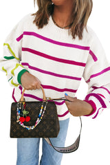 White Colorful Striped Drop Shoulder Crew Neck Sweater Sweaters JT's Designer Fashion