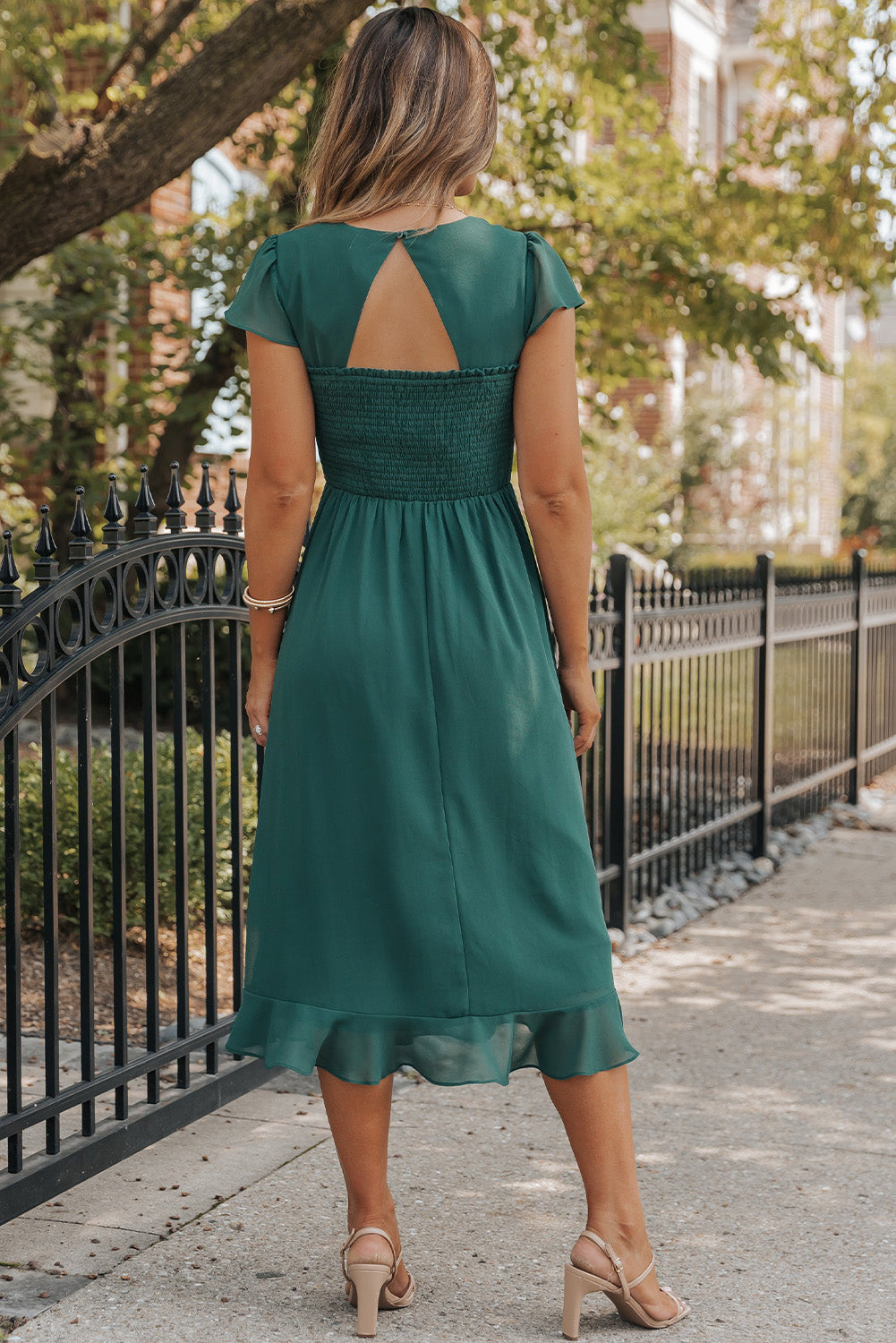 Sea Green Shirred Open Back Sweetheart Neck Ruffled Midi Dress Midi Dresses JT's Designer Fashion