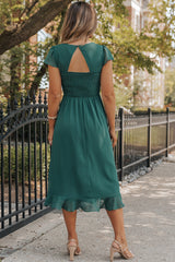 Sea Green Shirred Open Back Sweetheart Neck Ruffled Midi Dress Midi Dresses JT's Designer Fashion
