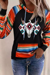 Multicolor Western Steer Head Aztec Serape Patchwork Pocketed Hoodie Graphic Sweatshirts JT's Designer Fashion