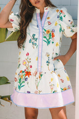 White Floral Print Contrast Striped Patchwork Short Puff Sleeve Dress Floral Dresses JT's Designer Fashion