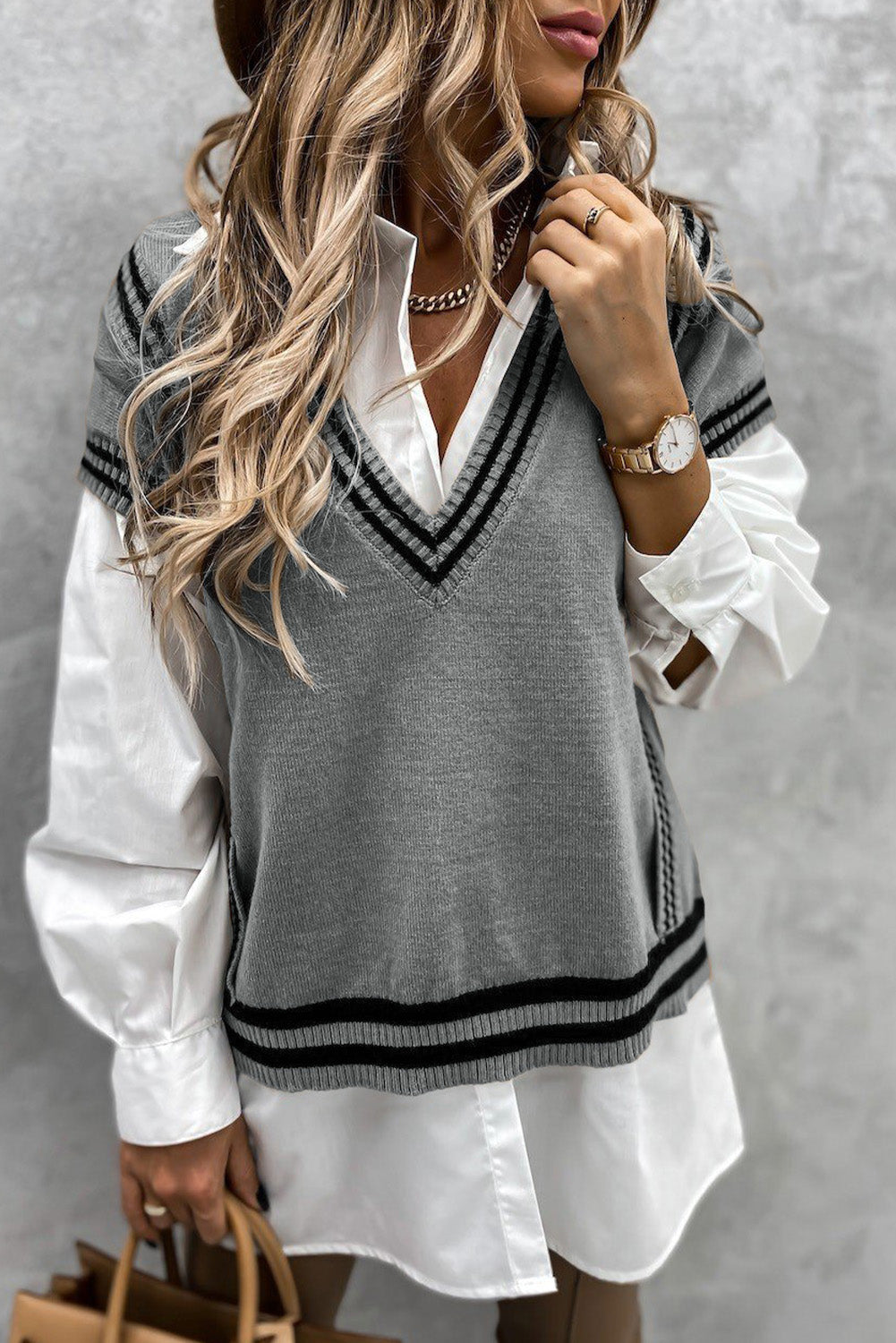 Gray V Neck Contrast Stripes Trims Short Sleeve Sweater Sweaters & Cardigans JT's Designer Fashion