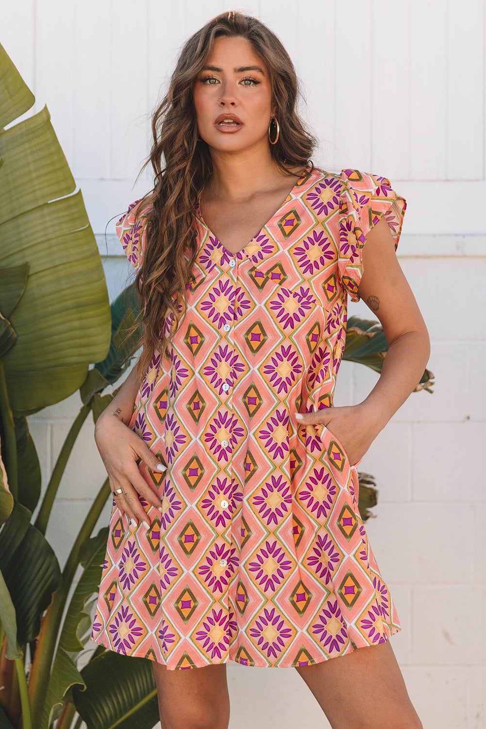 Orange Geometric Floral V Neck Buttoned Ruffled Sleeve Mini Dress Mini Dresses JT's Designer Fashion