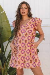 Orange Geometric Floral V Neck Buttoned Ruffled Sleeve Mini Dress Mini Dresses JT's Designer Fashion