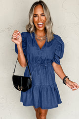 Blue Drawstring High Waist Puff Sleeve Denim Mini Dress Mini Dresses JT's Designer Fashion