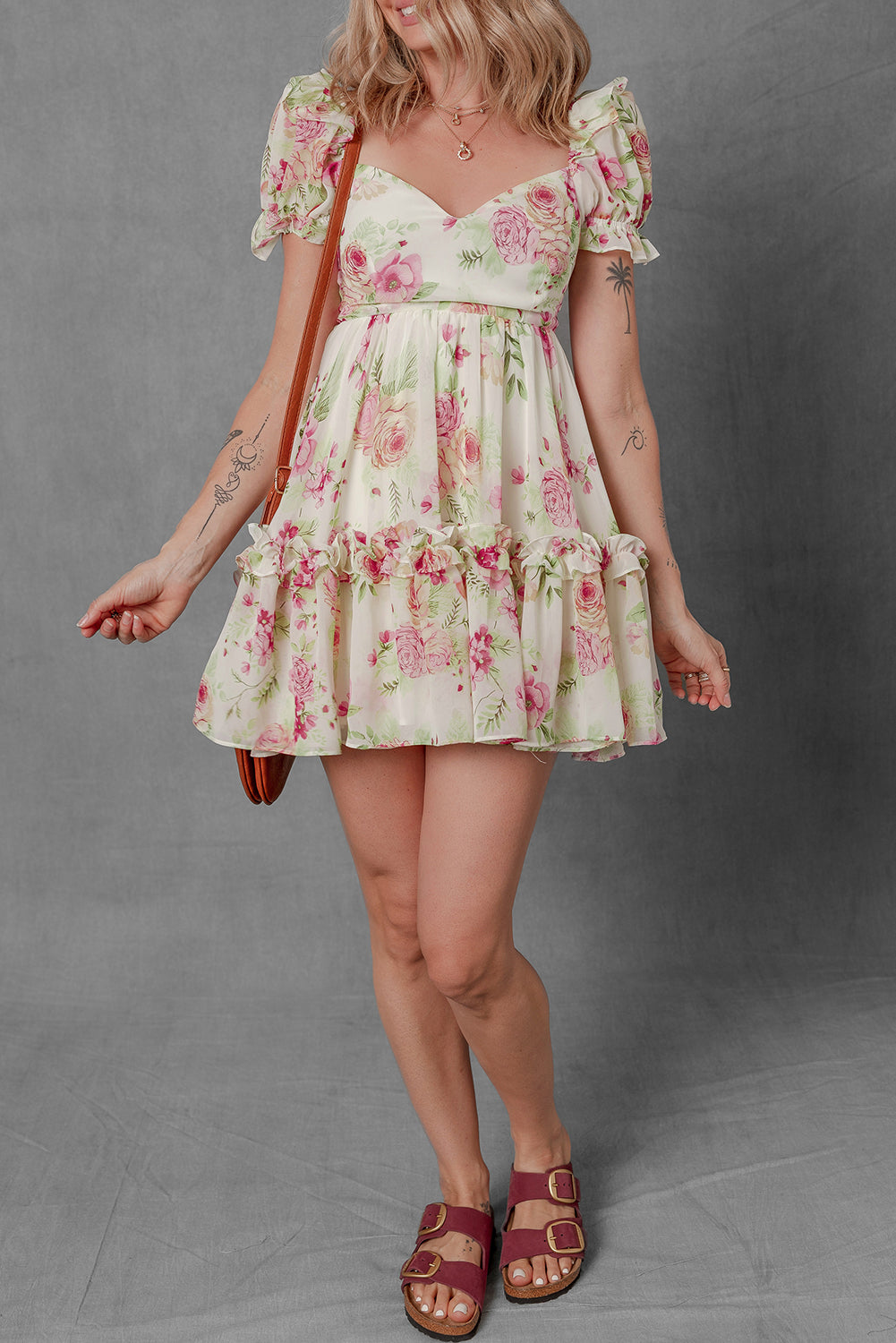 White Vibrant Floral Bubble Sleeve Sweetheart Neck Ruffle Mini Dress Floral Dresses JT's Designer Fashion