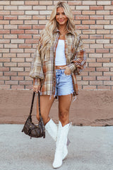 Khaki Plaid Colorblock Patchwork High Low Shacket Plaid Shackets JT's Designer Fashion