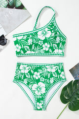 Green Floral Print One Shoulder High Waist Bikini Set Bikinis JT's Designer Fashion