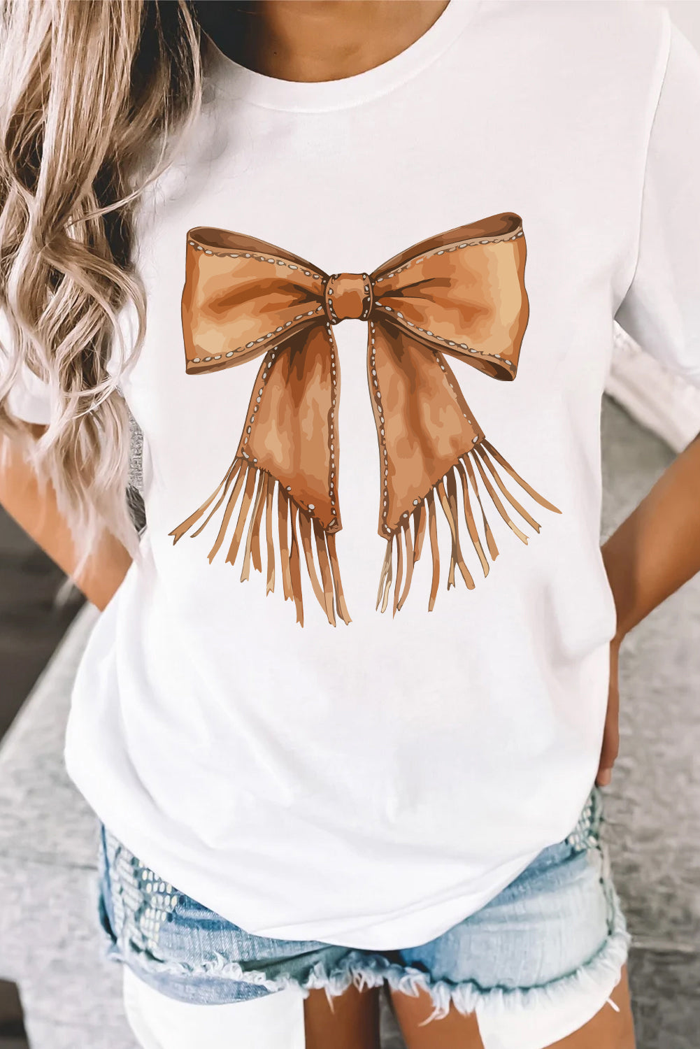 White Tassel Bowknot Print Round Neck Western Fashion T Shirt Graphic Tees JT's Designer Fashion