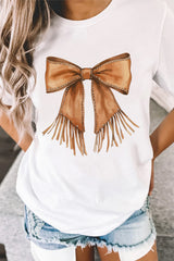 White Tassel Bowknot Print Round Neck Western Fashion T Shirt Graphic Tees JT's Designer Fashion