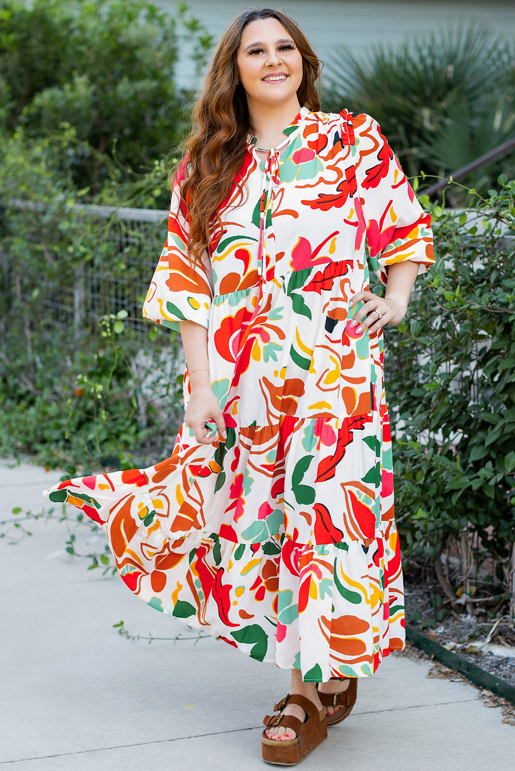 Orange Floral Print Drawstring V Neck Tiered Plus Size Dress Orange 100%Polyester Plus Size Maxi Dresses JT's Designer Fashion