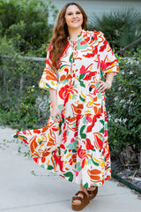 Orange Floral Print Drawstring V Neck Tiered Plus Size Dress Orange 100%Polyester Plus Size Maxi Dresses JT's Designer Fashion