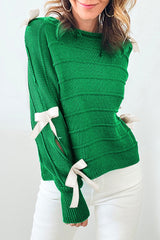 Bright Green Bow Knot Cut Out Round Neck Loose Sweater Bright Green 55%Acrylic+45%Cotton Sweaters JT's Designer Fashion