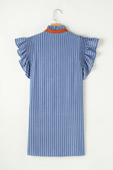 Sky Blue Stripe Frilly Split Neck Shirred Ruffle Sleeve Short Shift Dress Mini Dresses JT's Designer Fashion