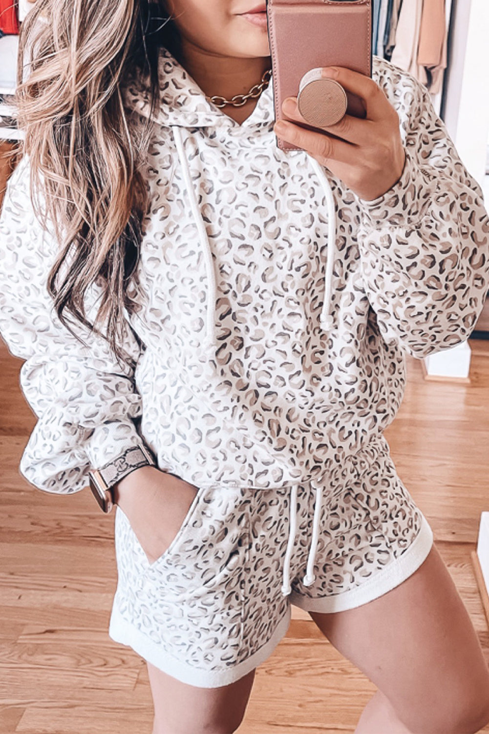 White Classic Leopard Hoodie and Shorts Set White 95%Polyester+5%Elastane Short Sets JT's Designer Fashion