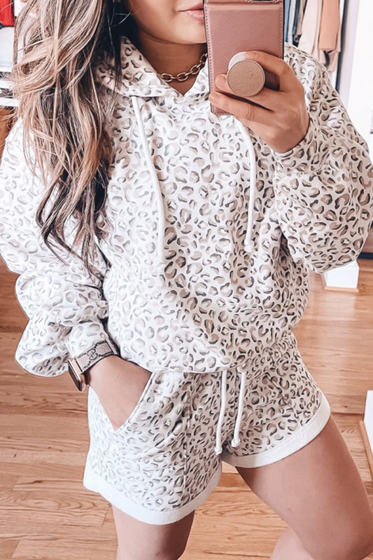 White Classic Leopard Hoodie and Shorts Set White 95%Polyester+5%Elastane Short Sets JT's Designer Fashion