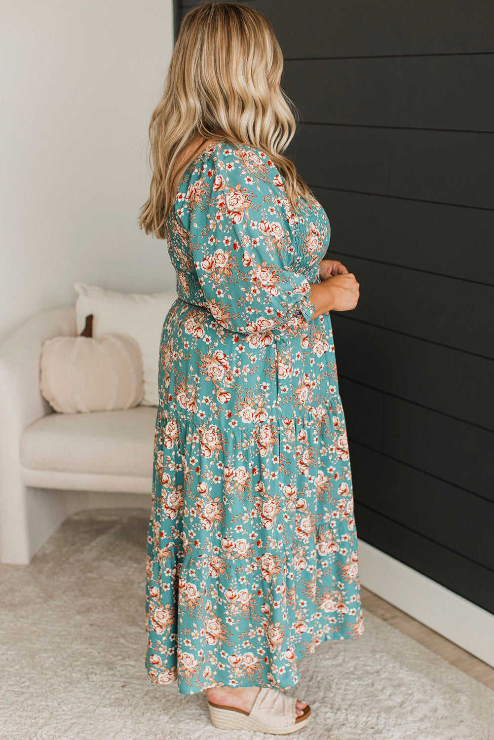 Green Plus Size Floral Print Square Neck Smocked Maxi Dress Plus Size Maxi Dresses JT's Designer Fashion