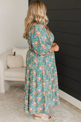 Green Plus Size Floral Print Square Neck Smocked Maxi Dress Plus Size Maxi Dresses JT's Designer Fashion